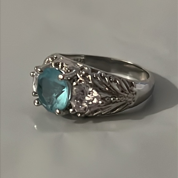 Elegant Art Deco Sterling Silver Aquamarine & White Sapphire Gemstone Ring - Picture 5 of 13